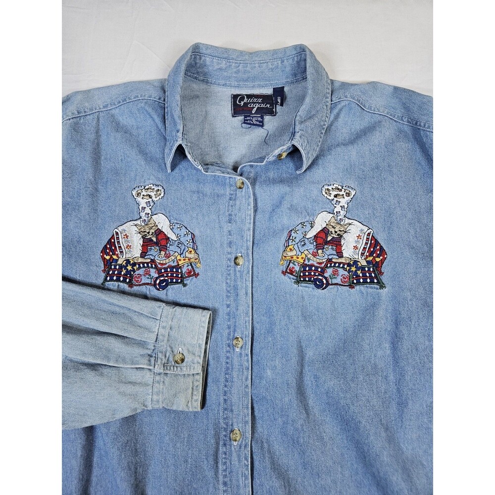 Quinn Again Denim Shirt Women's XL Blue Cat Button Vintage Kitty Single Stitch